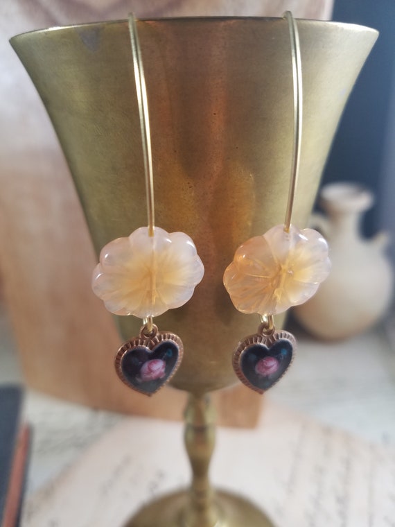 Autumn Colors Floral Heart Dangle Earrings; Pale Orange Beaded Drop Earrings; Peach Czech Glass Floral Beaded Earrings; Guilloche Hearts