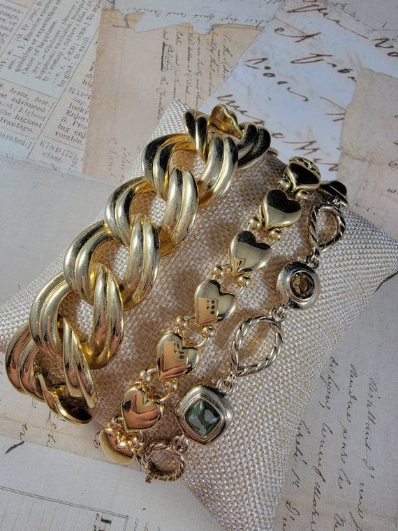 Gold Brass Chain Bracelet Set #B93;Layered Jewelry Set; Gold Hearts Bracelet; Brass Chunky Chain Bracelet; Green and Amber Rhinestone Chain