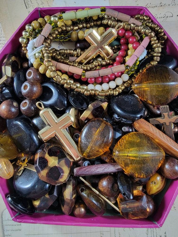 Brown and Amber Bead Soup for Jewelry Making; Wooden Beads and Brass Crosses Lot; K07