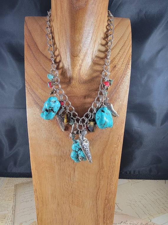 Southwestern Turquoise Cowgirl Charm Necklace; Gun Charm Necklace; Cowgirl Turquoise Statement Necklace; 2nd Amendment Jewelry; Wild West