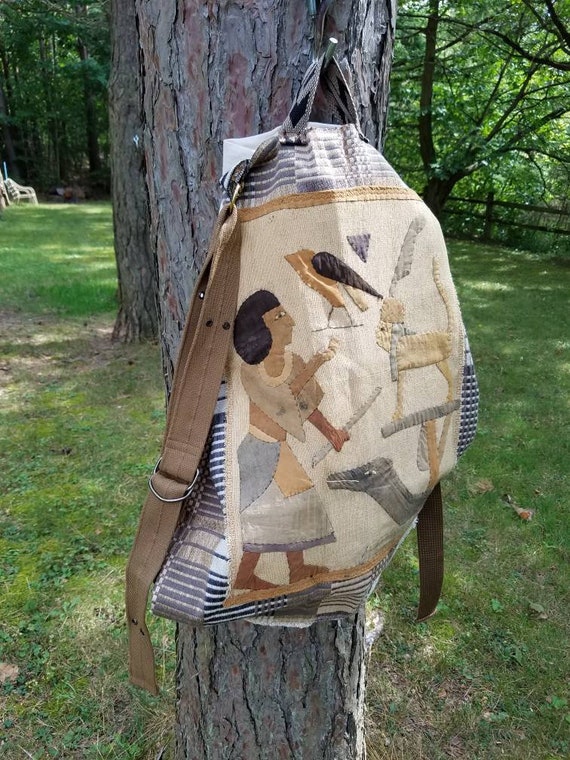Egyptian Falconer Backpack; Earthtone Upcycled Upholstery Fabric Sample Bookbag; Boho Cleopatra Nap Sack; Brown and Tan School Bag