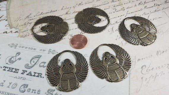 Antiqued Brass Native American Angel Metal Stamping Pendant Pack of 5; Egyptian Scarab Stamping