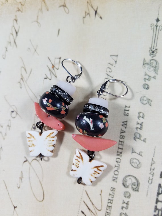 Pink and Black Butterfly Drop Earrings; Beaded Dangle Earrings; Asian Butterfly Beaded Drop Earrings; Semi Precious Stone Dangle Earrings