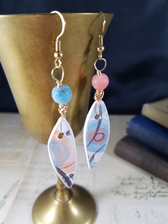 Assymetrical Modern Art Dangle Earrings; Pastel Painted Ceramic Drop Earrings; Porcelain Pottery Beaded Earrings; Spring Festival Earrings
