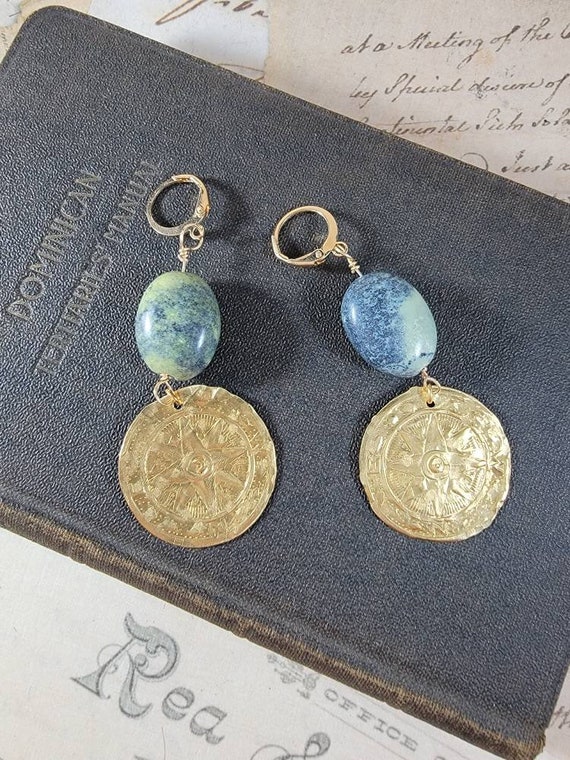 Hammered Brass and Gemstone Earrings; Ancient Coin and Blue-Green Gemstone Earrings; Beach Earrings; Green and Gold Earrings; Ocean Treasure