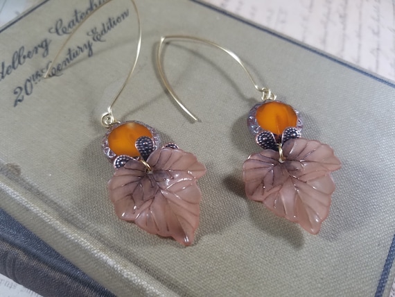 Autumn Color Leaves Dangle Earrings; Pumpkin Orange Beaded Drop Earrings; Burnt Orange Czech Glass Fall Beaded Earrings; Beige Leaves
