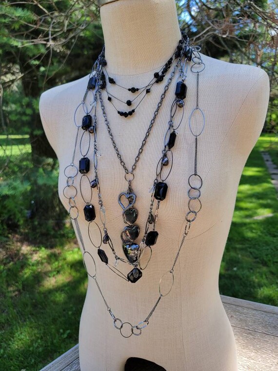 Pewter and Black Chain Necklaces Vintage Jewelry Set #21; Layered Pewter Necklaces; Black Pendant Lot; Vintage Jewelry Lot; Minimalist Set