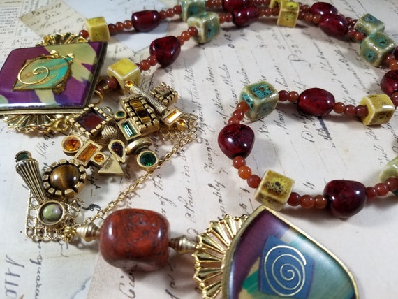 Geometric Assemblage Necklace; Autumnal Lariat Necklace; Long Pendant Lariat Necklace; Resin Art Statement Necklace; Resin Art Pendant
