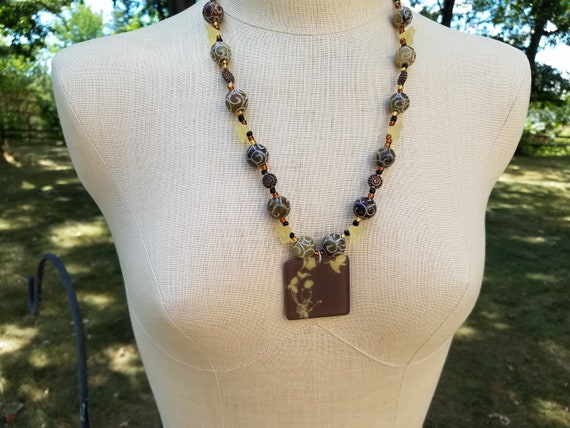 Autumn Swirl Necklace Pendant with stone, glass, copper, and acrylic beads