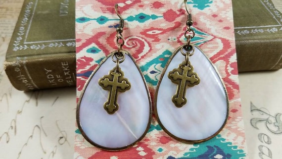 Shell Guitar Pick Boho Cross Dangle Earrings