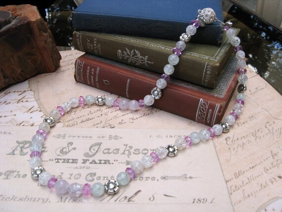 Pastel Pink and White Sugar Ice Crystals Crackle Bead Necklace, 22 inch Glass Beaded Necklace, Crackle Bead Artisan Necklace