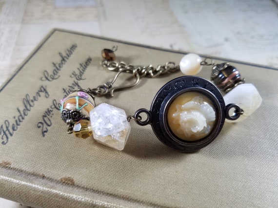 Yellow Rose Bracelet; Citrine and Brass  Art Assemblage Bracelet; Earthtone Beaded Bracelet; Rustic Brass Chain and Bead Adjustable Bracelet