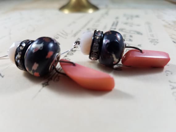 Pink and Black Spike Drop Earrings; Beaded Dangle Earrings; Boho Beaded Drop Earrings; Semi Precious Stone Dangle Earrings