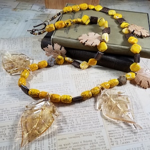 Autumn Leaves Beaded Necklace; Goldenrod Yellow Fall Leaves Necklace, Autumn Pendant Necklace; Long Autumn Yellow Beaded Necklace