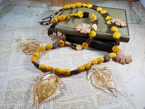 Autumn Leaves Beaded Necklace; Goldenrod Yellow Fall Leaves Necklace, Autumn Pendant Necklace; Long Autumn Yellow Beaded Necklace