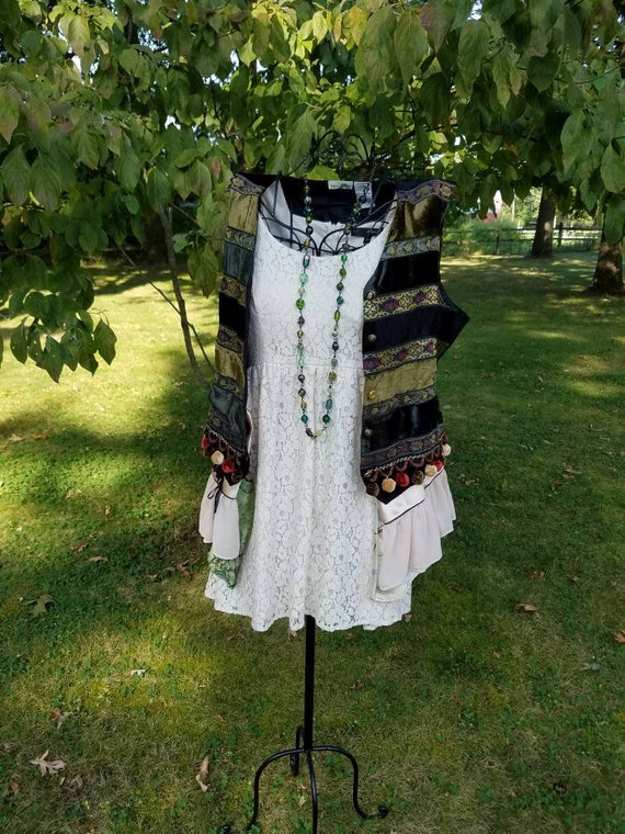 Green Velvet and Brocade Long Vest with Satin Ruffle Layered Skirting; Gypsy Duster Vest; Boho Free Spirit  Duster; Renaissance Faire Vest