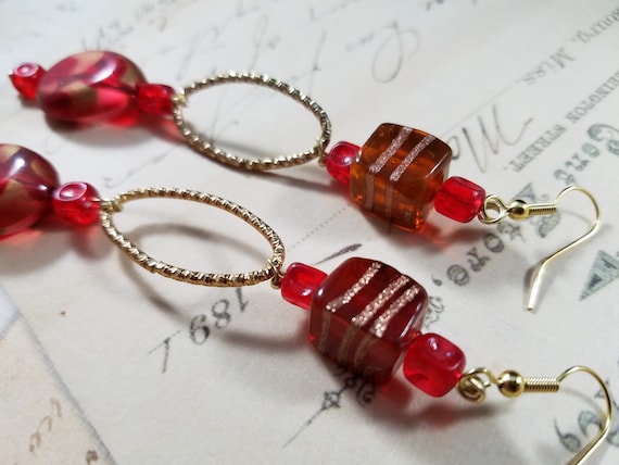 Long Red and Gold Drop Earrings; Lucite Beaded Dangle Earrings; Red Beaded Drop Earrings; Long Beaded Hoop Dangle Earrings