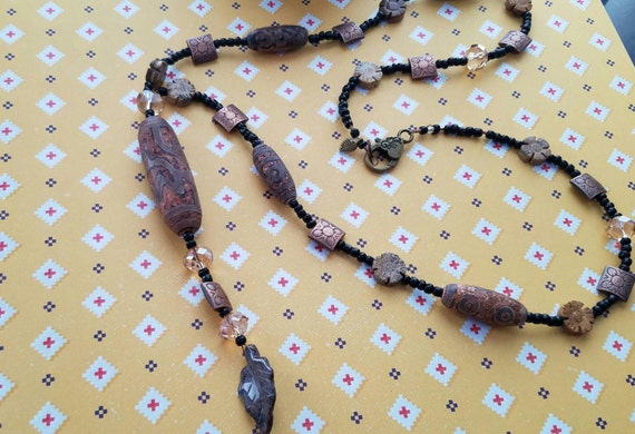 Primative Rustic Ceramic Inlay Tribal Gypsy Boho Hippie Pendant Necklace