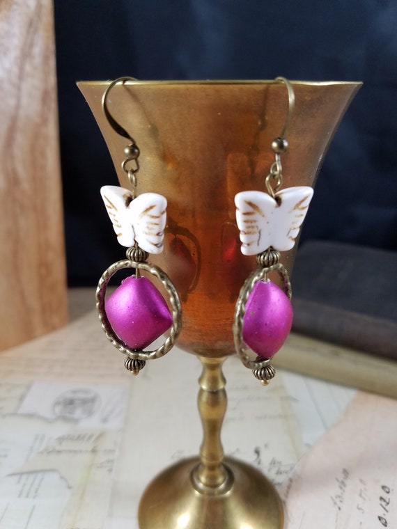 Butterfly Drop Earrings; Beaded Dangle Earrings; Magenta Butterfly Hoop Beaded Drop Earrings; Semi Precious Stone Dangle Earrings