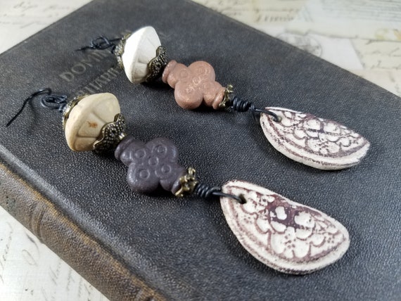 Rustic Pottery Dangle Earrings; Pastel Teracotta Ceramic Drop Earrings; Earthtone Beaded Earrings; Festival Earrings; Pottery Chards Cross