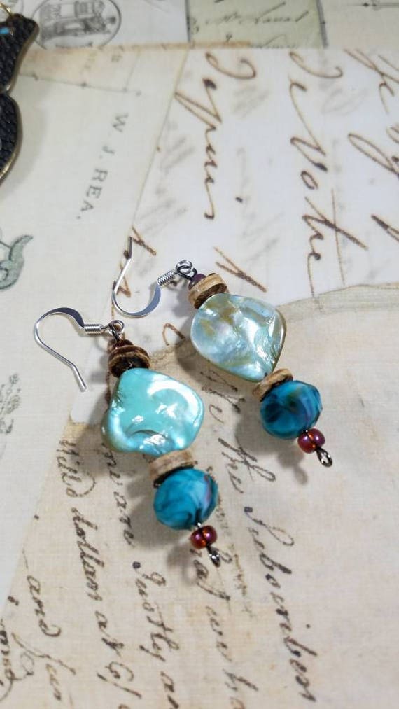Aqua Blue Mother of Pearl Boho Dangle Earrings