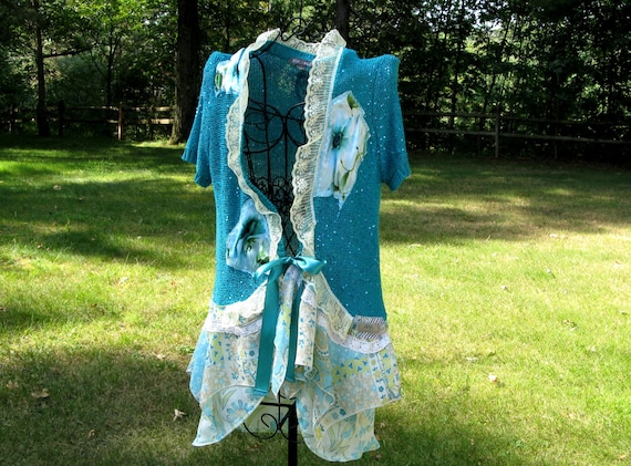 Teal Sequined and Soft Yellow Gypsy Bohemian Vest Duster with Flowing Floral Skirting Upcycled Wearable Art