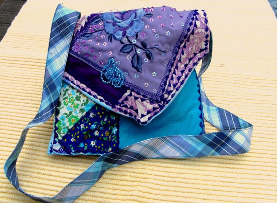 Crazy Quilted Festival Bag, Purple Floral Cross Body Handbag, Colorful Embroidered Upcycled Purse, Patchwork Boho Purse, Turquoise Gypsy Bag