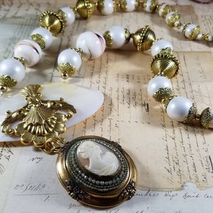Romantic Revival Shell Cameo Beaded Assemblage Pendant Necklace