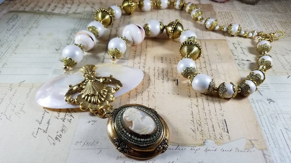 Romantic Revival Shell Cameo Beaded Assemblage Pendant Necklace