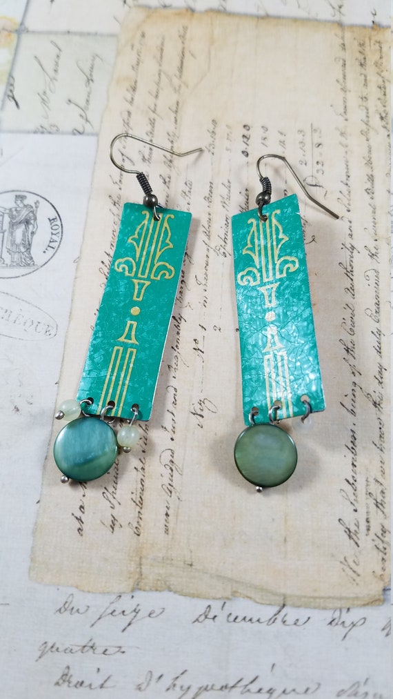 Green Art Deco Tin Dangle Earrings