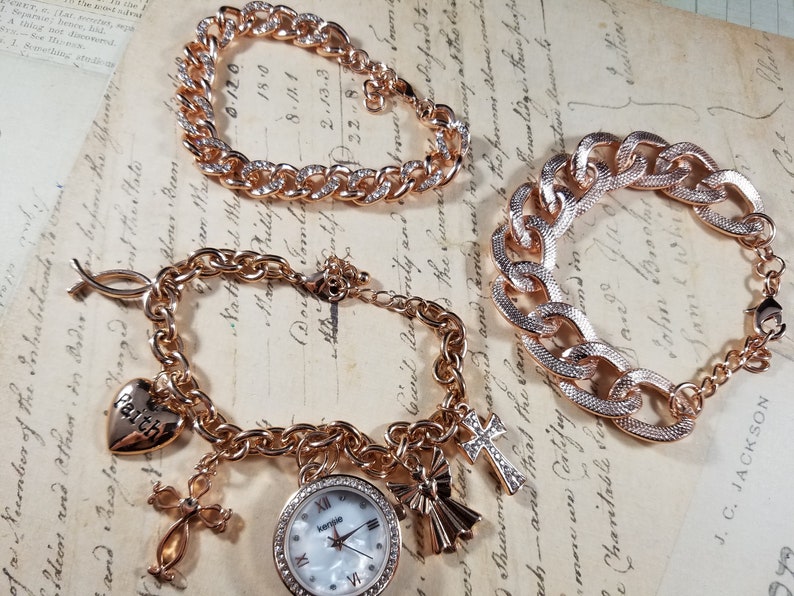 Pink Goldtone Watch Christian Vintage Bracelets Lot B77 Costume Jewelry Lot, Faith Charm Bracelet Set Rosegold Costume Bracelets Lot image 10