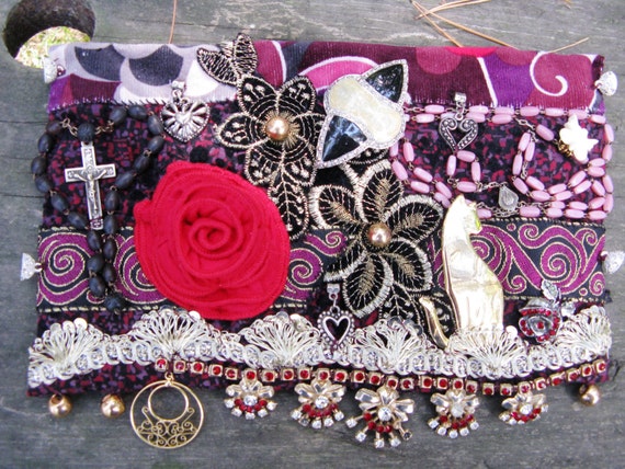Rosary Garden Gypsy Boho Cuff of Vintage Textiles, Beads, Charms, and Up-Cycled Vintage Jewelry