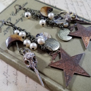 Pentagram and Raven Skull Dangle Earrings; Witchy Earrings; Long Celestial Dangle Earrings; Art Assemblage Star Earrings; Rustic EOS Earring