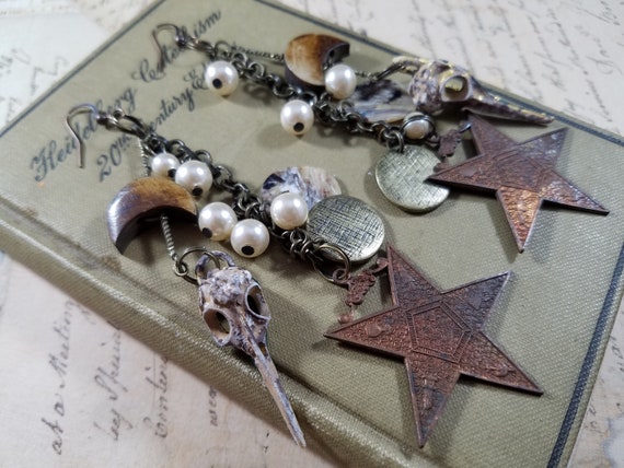 Pentagram and Raven Skull Dangle Earrings; Witchy Earrings; Long Celestial Dangle Earrings; Art Assemblage Star Earrings; Rustic EOS Earring