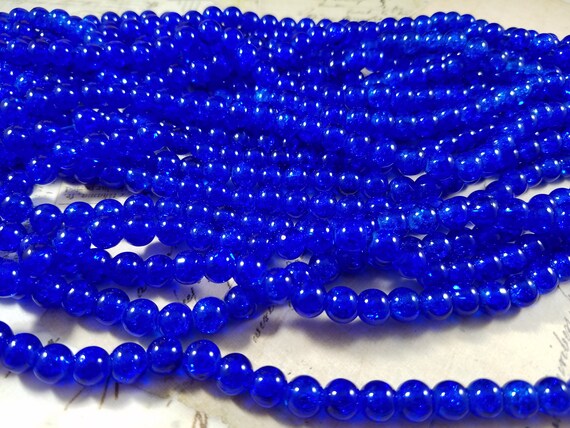 Blue Round Crackle Beads 8MM 30 Inch Strand; Cobalt Blue Crackle Glass Beads; Round Blue Beads; Bright Blue Beads; Blueberry Beads