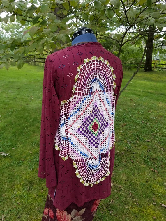 Gypsy Boho Hippie Cardigan Made with Upcycled Crochet Doilies