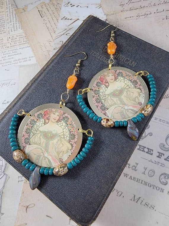 Art Decoupage Brass Dangle Earrings; Boho Chandelier Earrings; Artist Drop Earrings; Art Deco Earrings; Alfonso Mucha Art Earrings #2204
