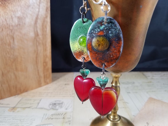 Rustic Enamal Sacred Heart Dangle Earrings; Czech Glass Beaded Heart Drop Earrings; Valentine Beaded Earrings; Long Enamaled  Heart Earrings
