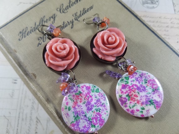 Autumn Rose Earrings; Burnt Orange and Purple Floral Drop Earrings; Fall Florals Beaded Earrings; Bakelite Rose Beaded Dangle Earrings