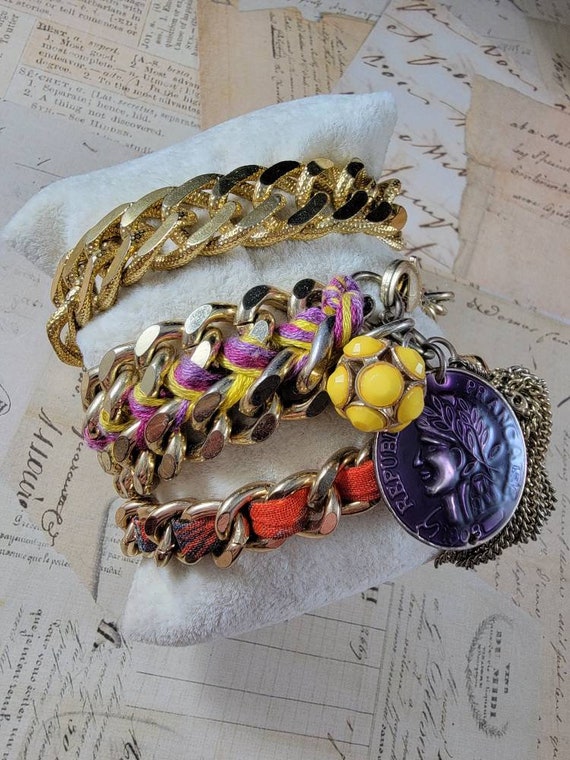 Goldtone Vintage Heavy Chain Bracelets Lot #B70; Costume Jewelry Lot, Boho Bracelet Set; Chunky Chain Bracelets, Goldtone Bracelets Lot
