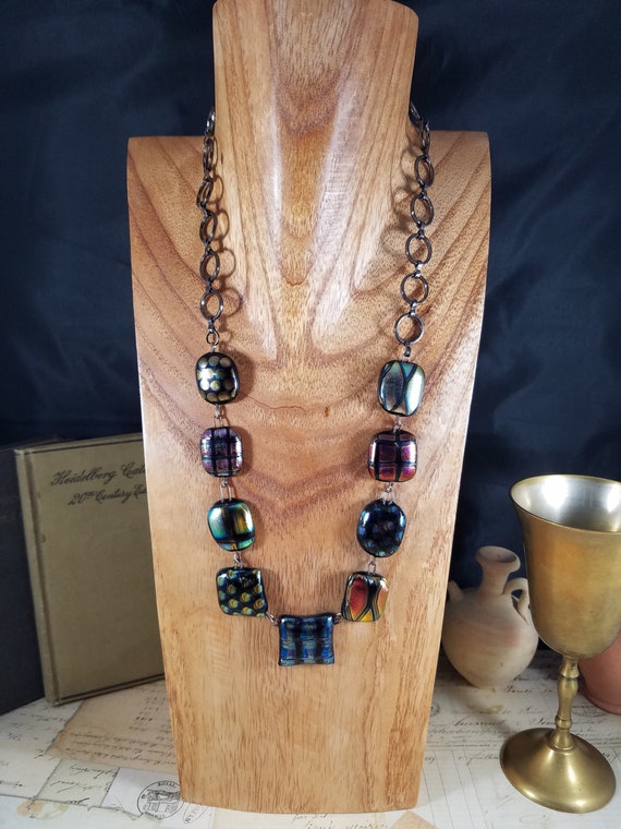 Dichronic Fused Glass Necklace; Metallic Geometric Glass Necklace; Artisan Glass Beaded Necklace; Adjustable Necklace