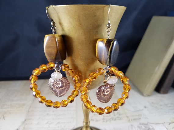 Tigers Eye and Czech Glass Heart Earrings; Amber Glass Hoops, Brown and Gold Amber Dangle Earrings; Floral Embossed Gemstone Hoop Earrings