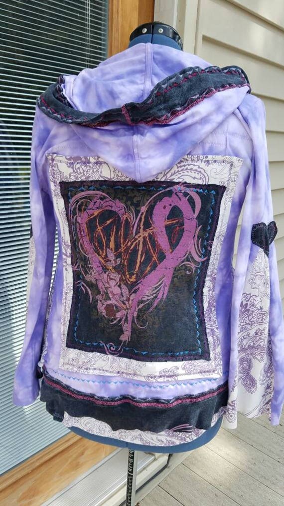 Valentine's Heart Hoodie, Shabby Chic Gypsy Cowgirl Yoga Jacket Eco-Clothes, Purple Love Yoga Zip Hood