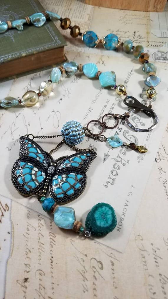 Boho Aqua Butterflies Beaded Assemblage Lariat Pendant Necklace, Long Beaded Upcycled Vintage Jewelry Gypsy Necklace, Long Hippie Pendant