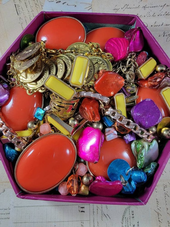Hot Colors Jewelry Making Kit; Orange, Yellow. Hot Pink, and Brass Bracelet Making Lot; Vintage Jewelry Components Lot; K10