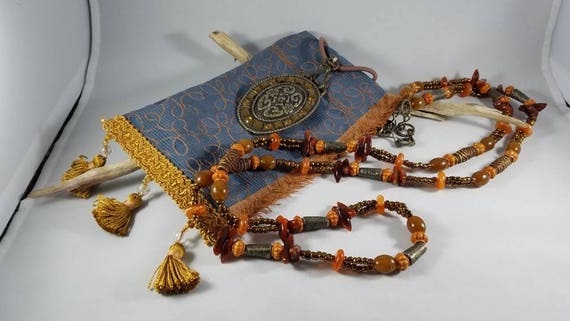 Country Blue & Rust Vine Beaded Cross Body Handbag for Boho Gypsy Hippie