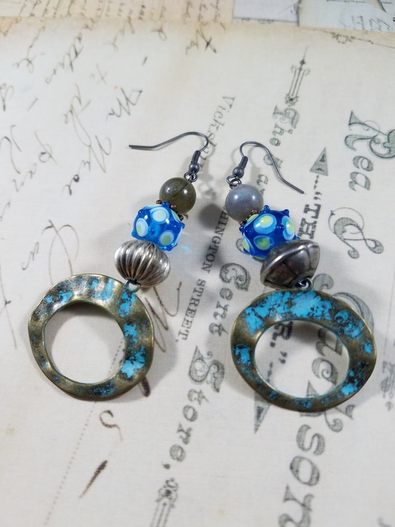 Blue, Aqua, Grey Boho Drop Earrings; Lampwork Glass and Beaded Dangle Earrings; Antiqued Brass Beaded Drop Earrings; Patina Brass Hoops