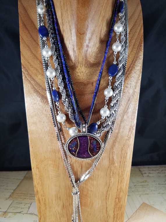 Silver and Royal Blue Chain Necklaces Layered Jewelry Set #B48;  Boho Necklaces Set; Pewter Chain Jewelry Lot; Snake Chain, Rope Chain Lot