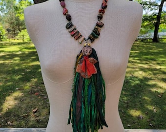 Autumn Spirit Tassel Pendant Necklace and Gemstone Beads; Emerald Green Dyed Silk Tassel Pendant; Art Doll Tassel Necklace; Fall Jewelry