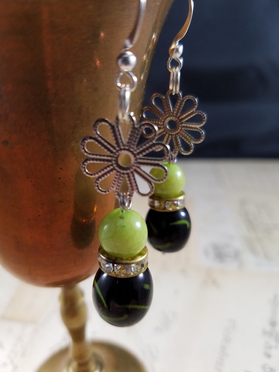 Flower Power Green Dangle Earrings; Green and Silver Beaded Drop Earrings; Black and Green Lampwork  Glass Dangle Earrings